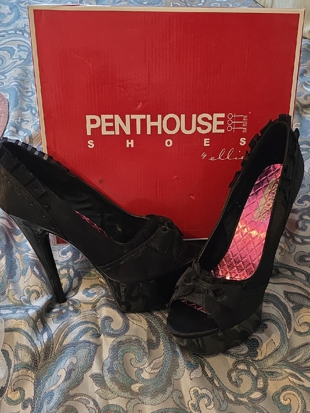 Penthouse by Ellie Shoes Black Satin Peep-Toe Platform Heels